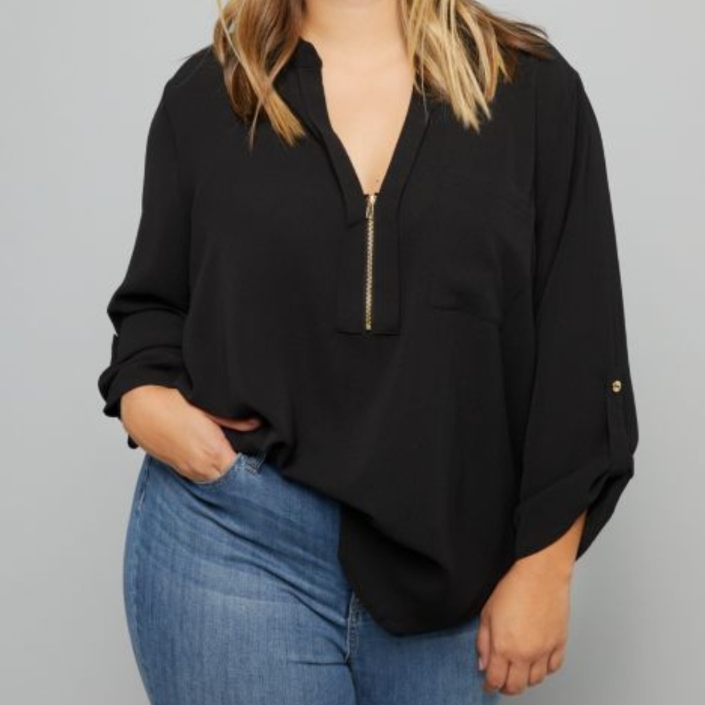 Plus Black Sheer Quarter Zip Blouse